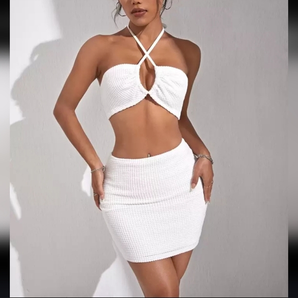 SHEIN Off White Halter Top Two Piece Bodycon Set - Picture 1 of 6